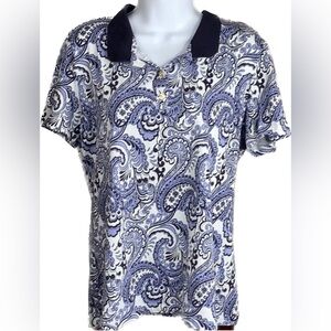Jones NY L Top Paisley Print Cap Sleeve Blouse Soft Cotton 3 Button Casual Dress